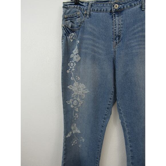 L.A. Blues Size 16 Medium Blue Denim Jeans Floral Embroidery Dazzled Bootcut - Picture 3 of 7